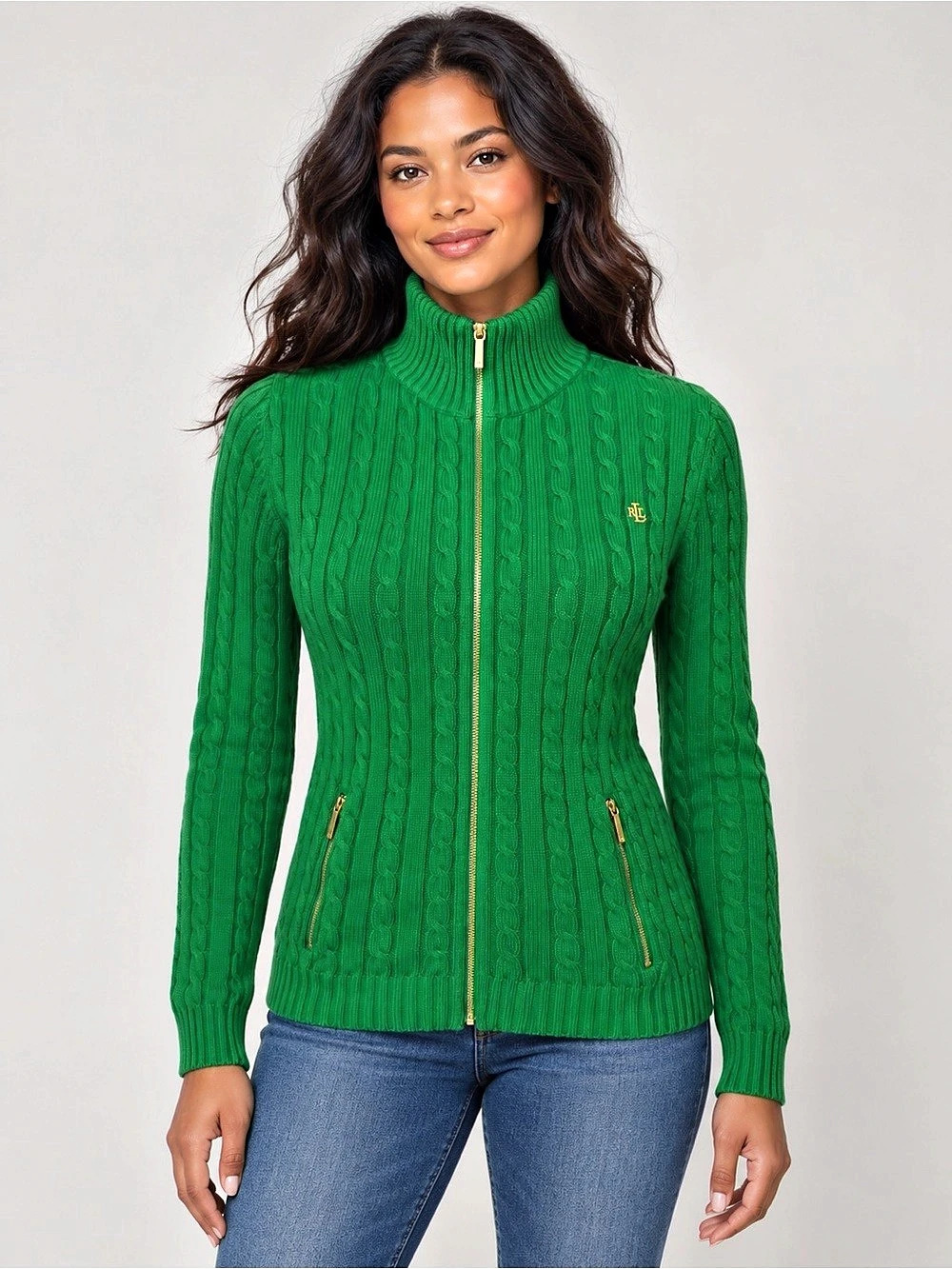 Lauren Ralph Lauren Green Cable Knit Full Zip Cotton Sweater Women Size S